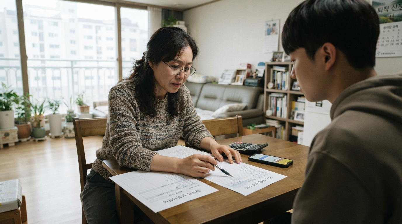 퇴직금 산정내역서 6가지 항목 구성표 — 인적사항·근무기간·평균임금·퇴직금·공제·차인지급액