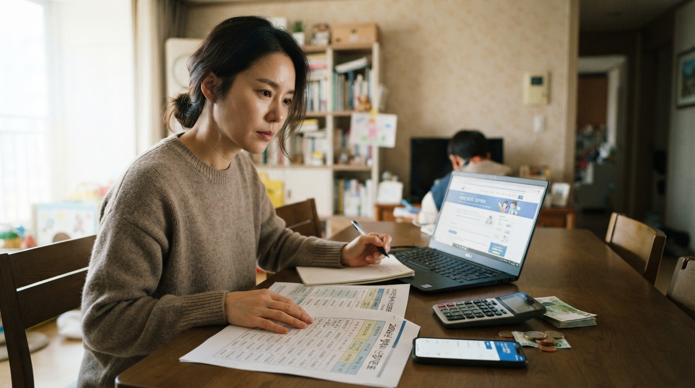 양육비 계산기 4단계 공식 — 부모 합산 소득과 자녀 나이로 표준양육비를 구하고 소득 비율로 지급액을 산출하는 순서도